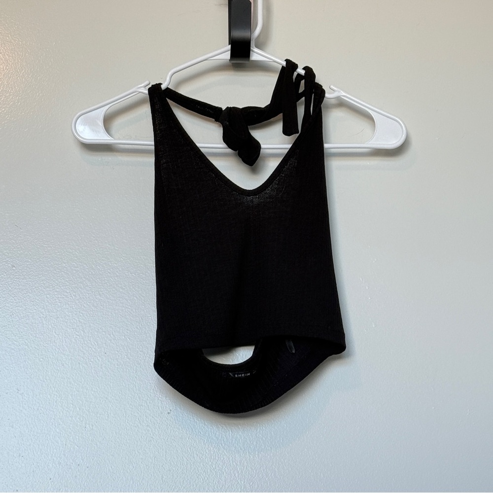 Black Knit Tie-Shoulder Halter Top